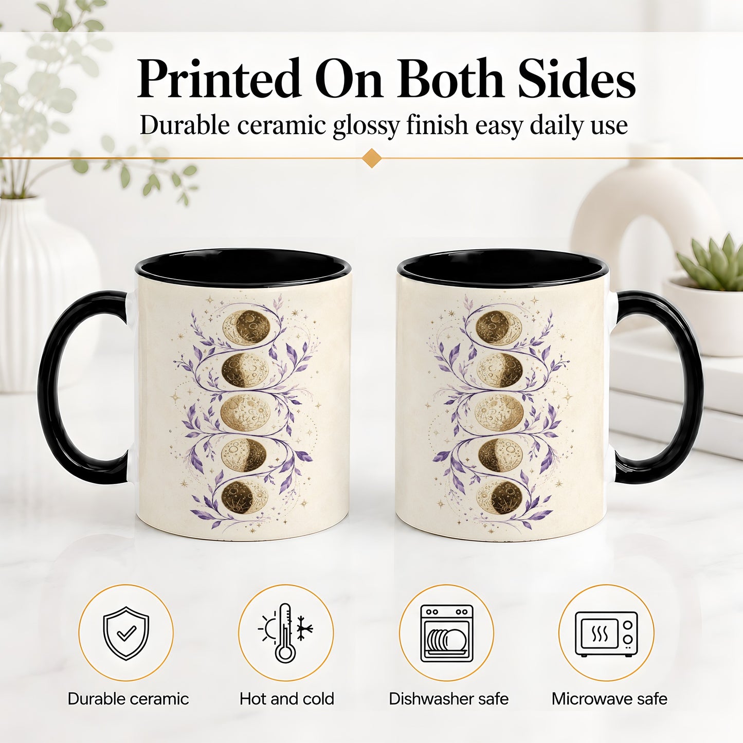 #pl[11oz|Black] Moon Phase Botanical Ceramic Mug, Purple Celestial Art for Moon Fans