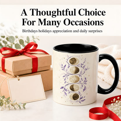 #pl[11oz|Black] Moon Phase Botanical Ceramic Mug, Purple Celestial Art for Moon Fans
