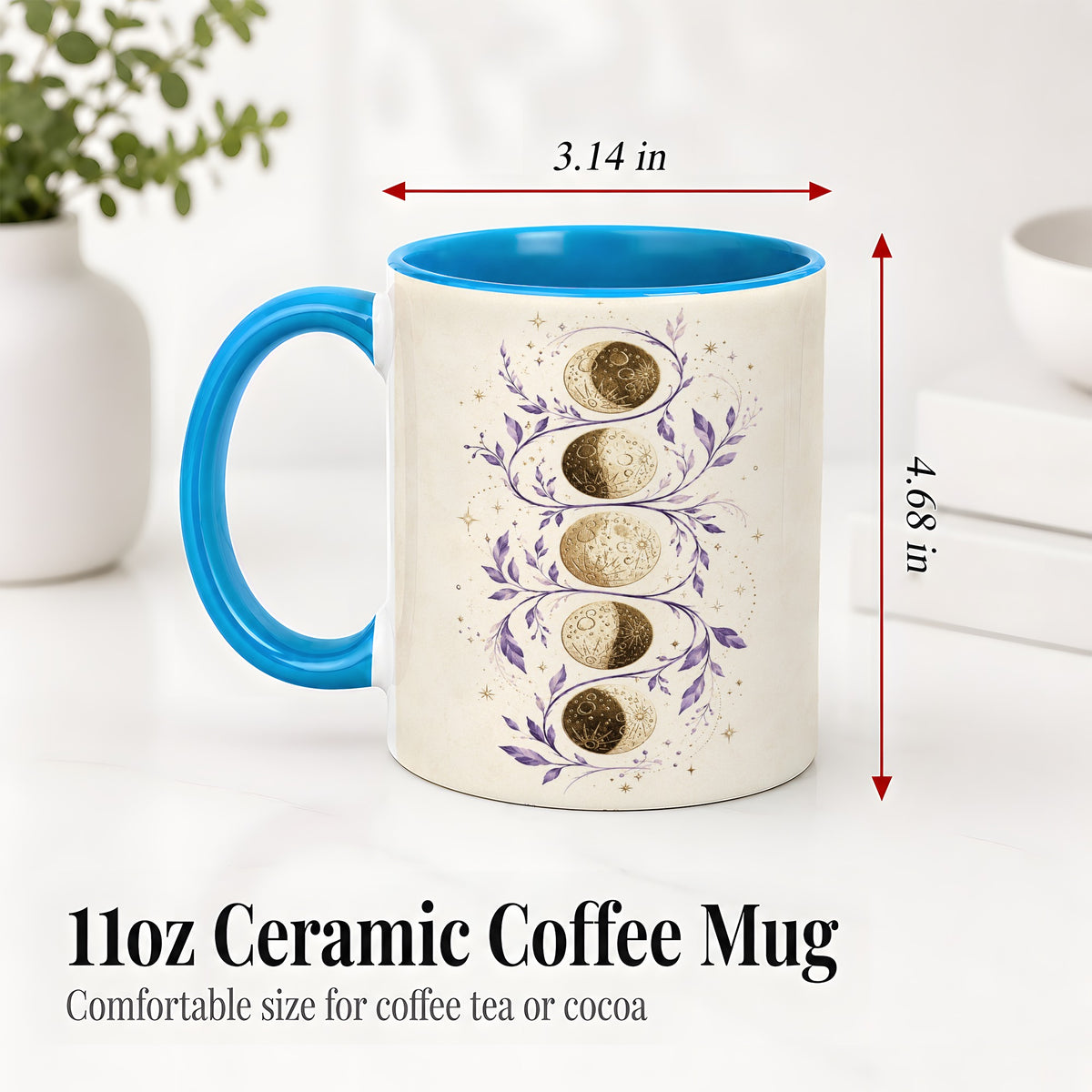 #pl[11oz|Blue] Moon Phase Botanical Ceramic Mug, Purple Celestial Art for Moon Fans