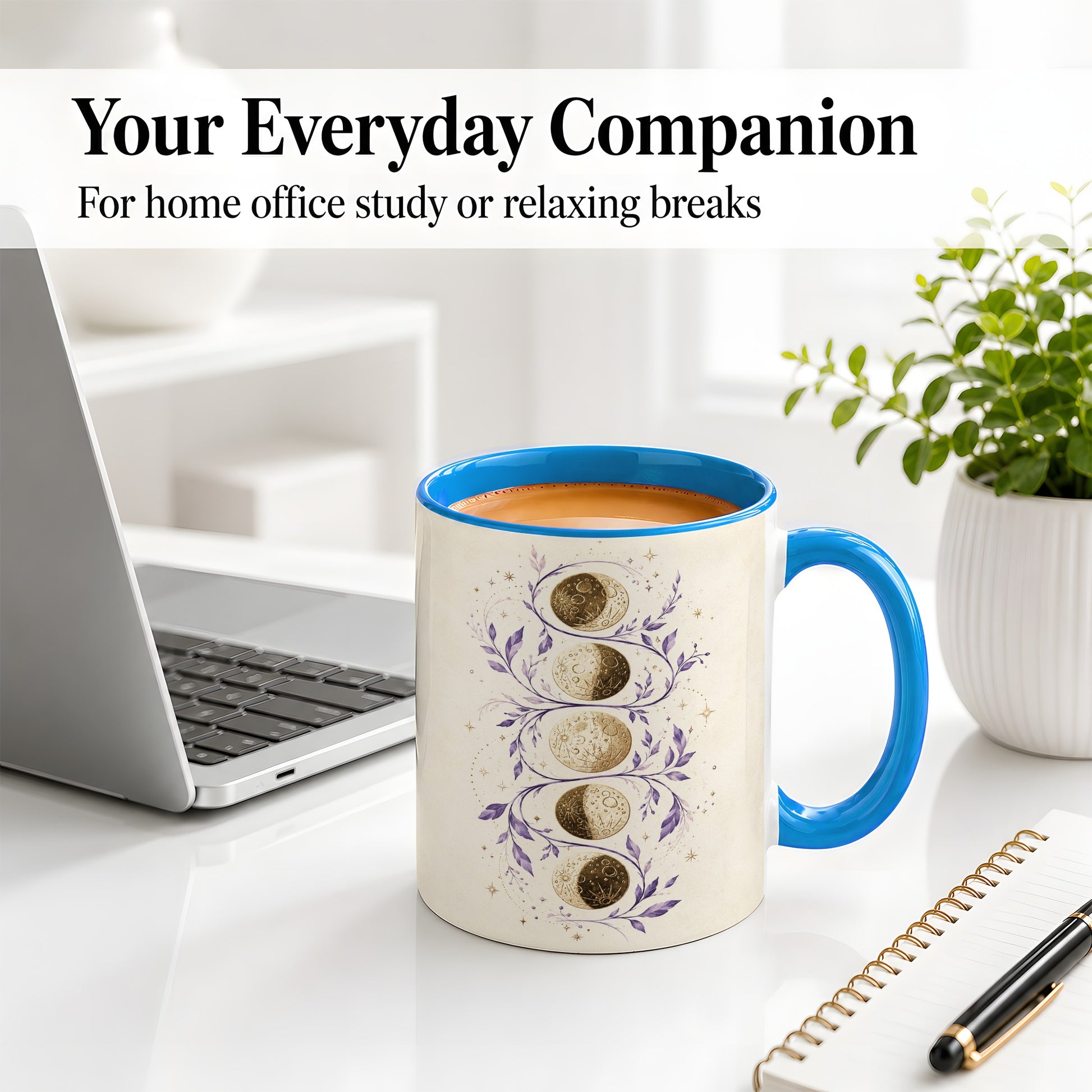 #pl[11oz|Blue] Moon Phase Botanical Ceramic Mug, Purple Celestial Art for Moon Fans