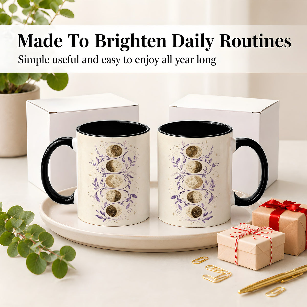 #pl[11oz|Black] Moon Phase Botanical Ceramic Mug, Purple Celestial Art for Moon Fans