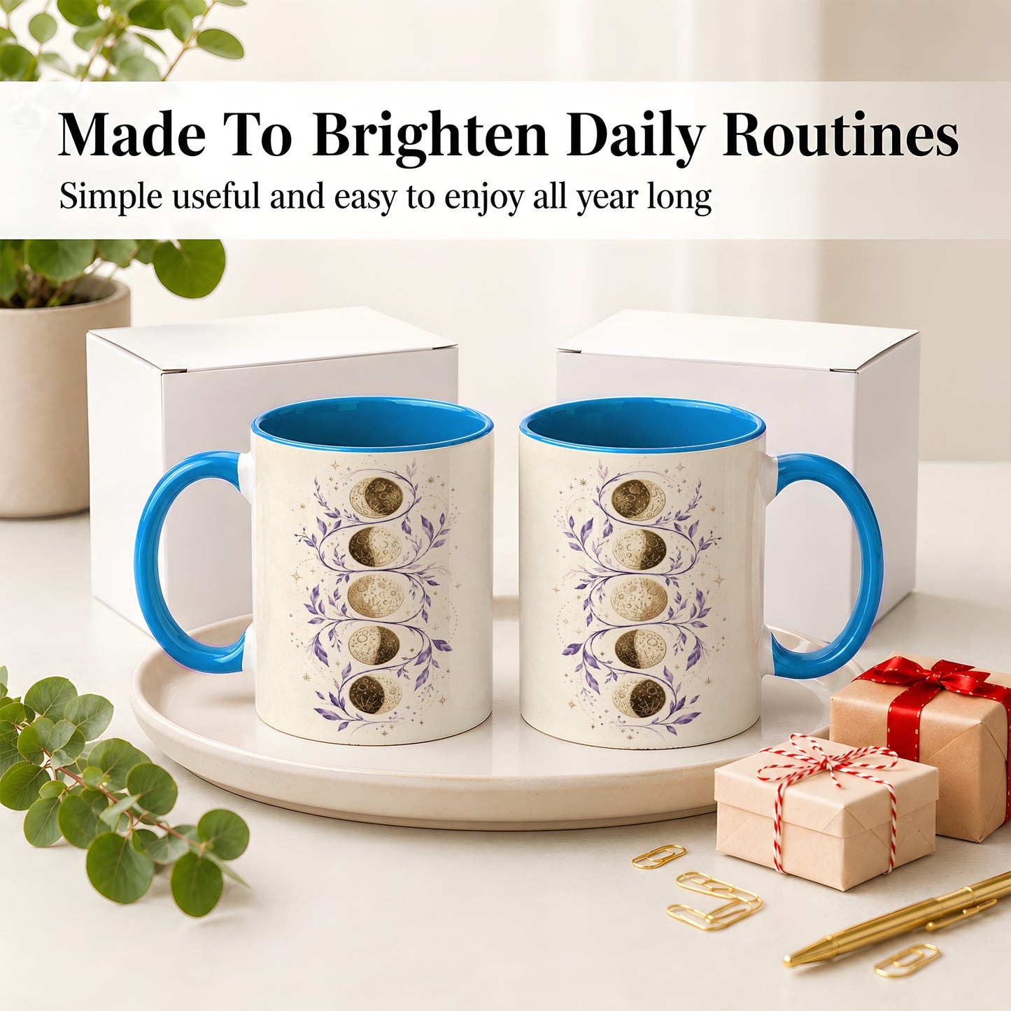 #pl[11oz|Blue] Moon Phase Botanical Ceramic Mug, Purple Celestial Art for Moon Fans