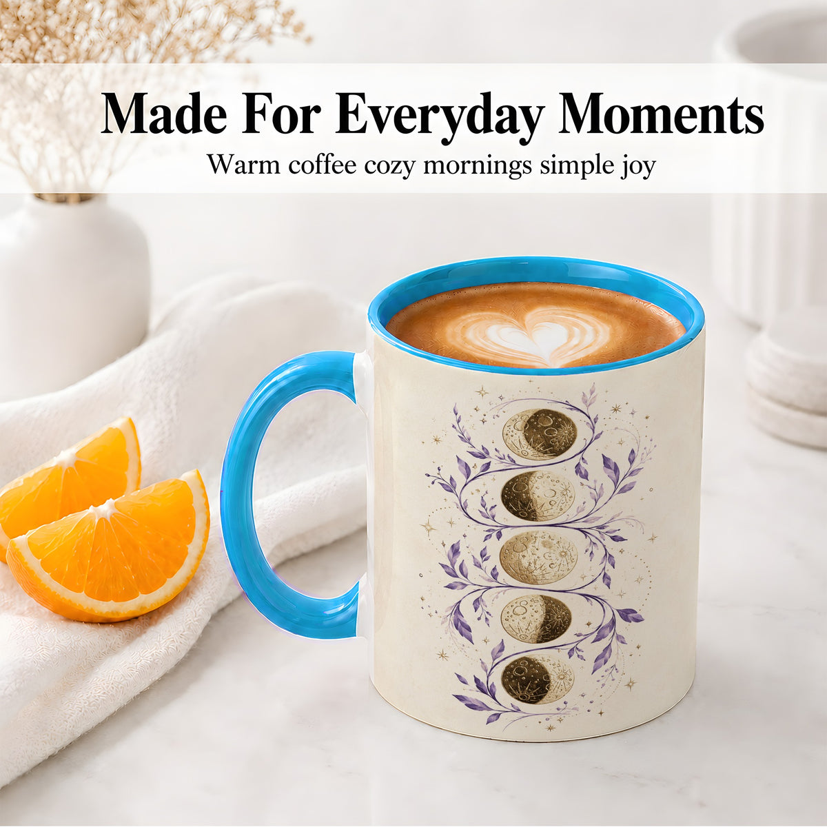 #pl[11oz|Blue] Moon Phase Botanical Ceramic Mug, Purple Celestial Art for Moon Fans