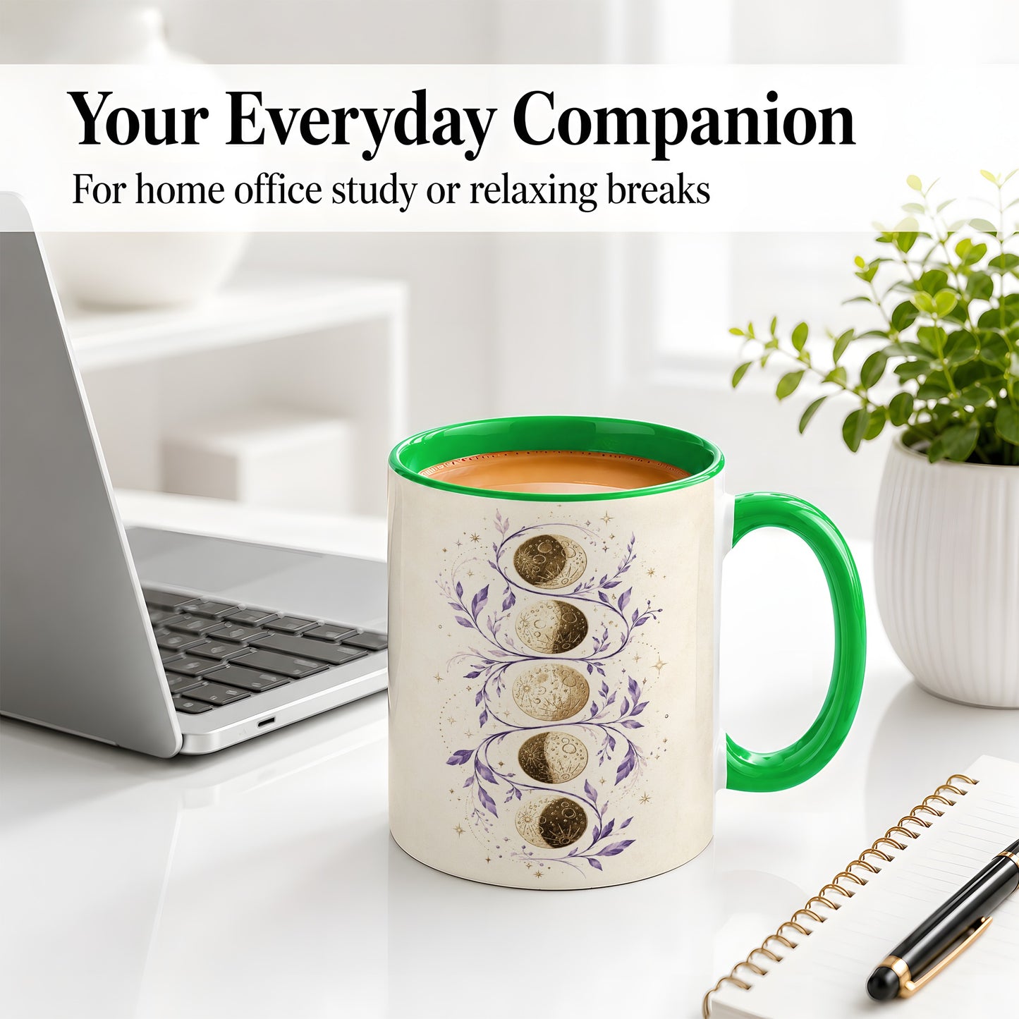 #pl[11oz|Green] Moon Phase Botanical Ceramic Mug, Purple Celestial Art for Moon Fans