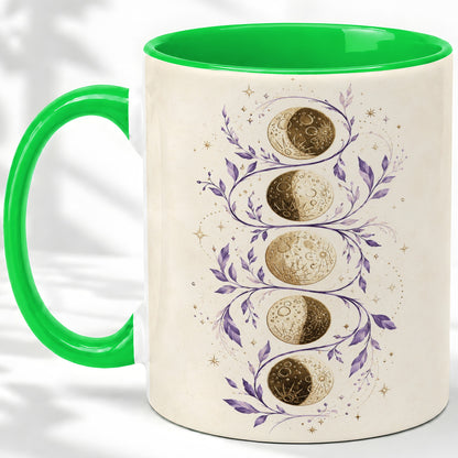 #pl[11oz|Green] Moon Phase Botanical Ceramic Mug, Purple Celestial Art for Moon Fans