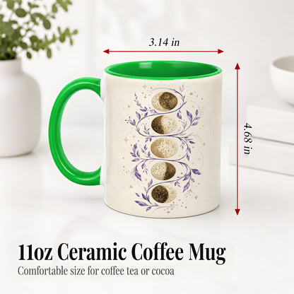 #pl[11oz|Green] Moon Phase Botanical Ceramic Mug, Purple Celestial Art for Moon Fans