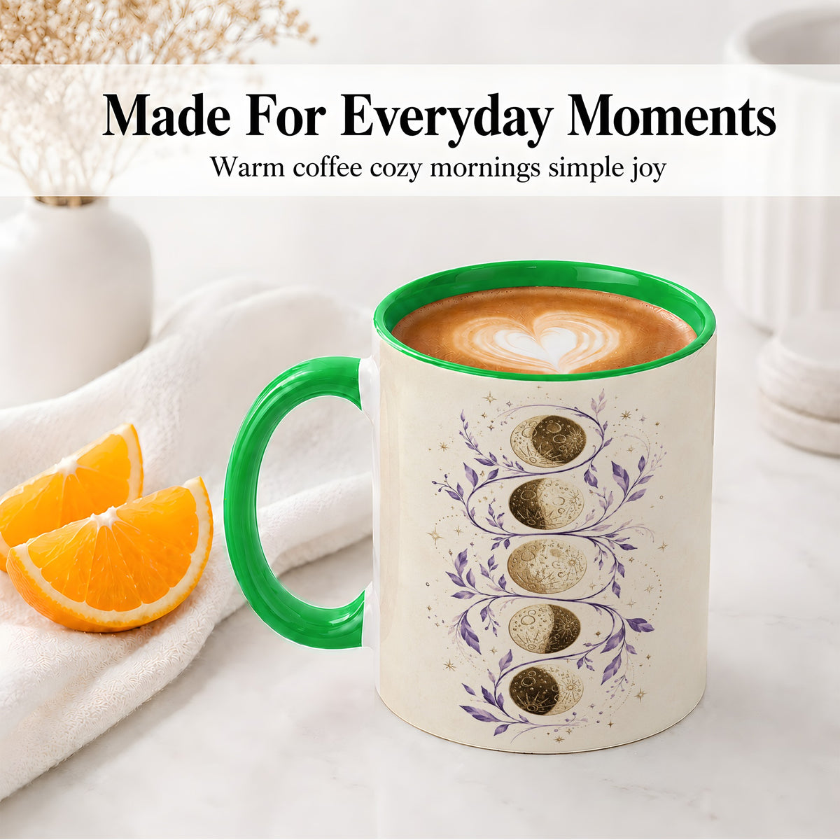 #pl[11oz|Green] Moon Phase Botanical Ceramic Mug, Purple Celestial Art for Moon Fans