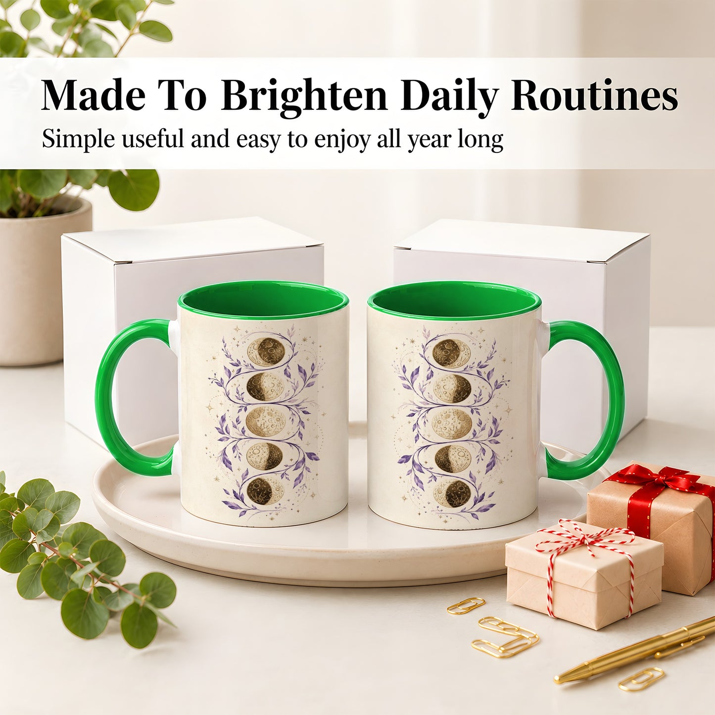 #pl[11oz|Green] Moon Phase Botanical Ceramic Mug, Purple Celestial Art for Moon Fans