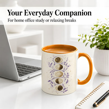 #pl[11oz|Orange] Moon Phase Botanical Ceramic Mug, Purple Celestial Art for Moon Fans