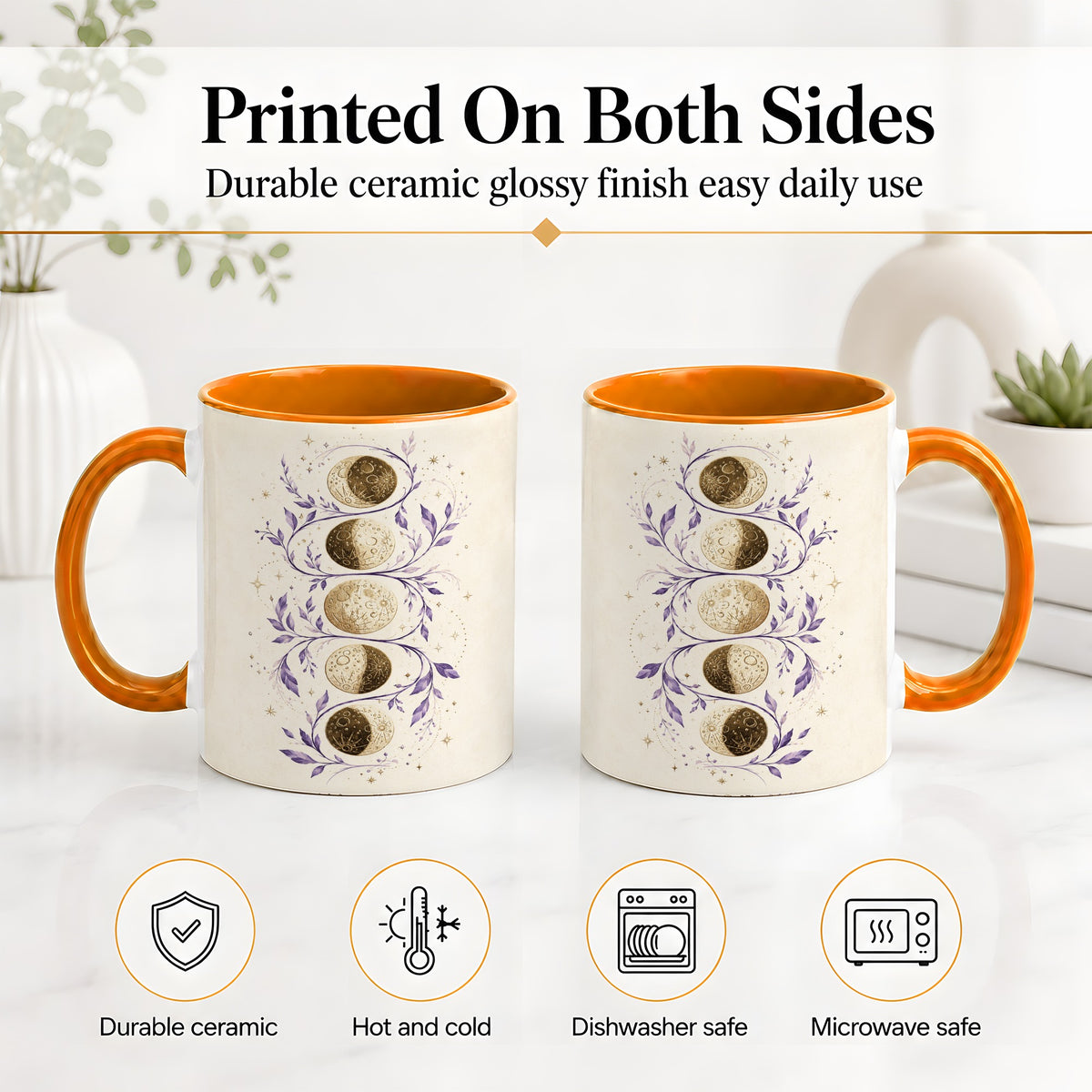 #pl[11oz|Orange] Moon Phase Botanical Ceramic Mug, Purple Celestial Art for Moon Fans