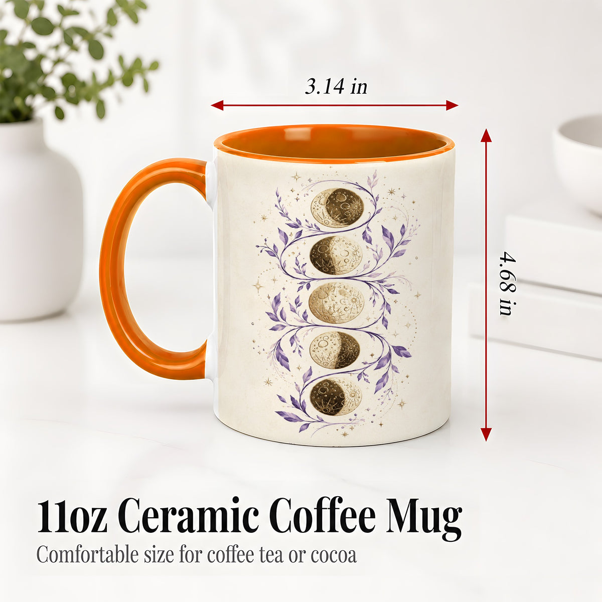 #pl[11oz|Orange] Moon Phase Botanical Ceramic Mug, Purple Celestial Art for Moon Fans