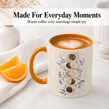 #pl[11oz|Orange] Moon Phase Botanical Ceramic Mug, Purple Celestial Art for Moon Fans