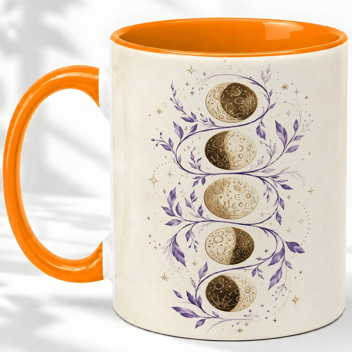 #pl[11oz|Orange] Moon Phase Botanical Ceramic Mug, Purple Celestial Art for Moon Fans
