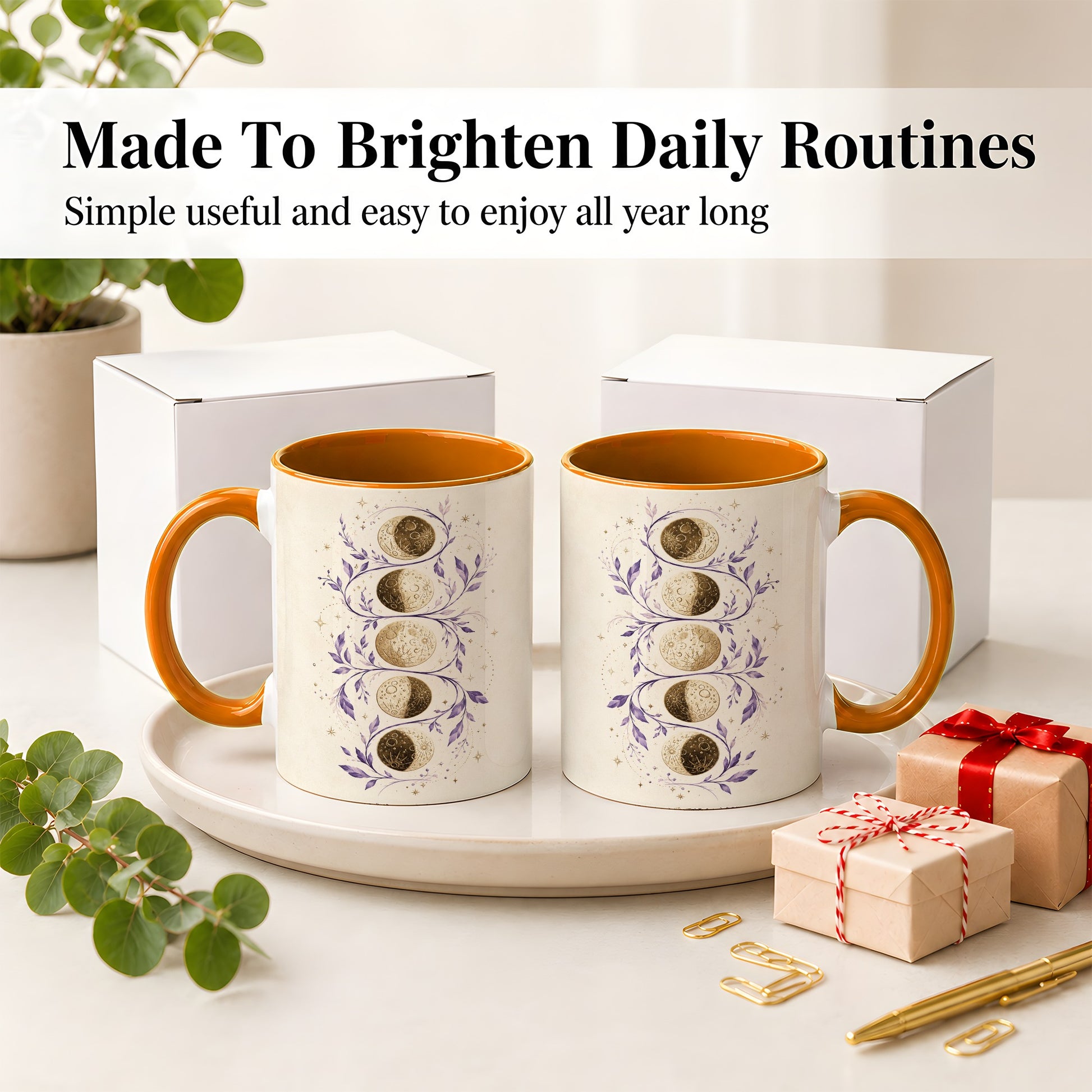#pl[11oz|Orange] Moon Phase Botanical Ceramic Mug, Purple Celestial Art for Moon Fans