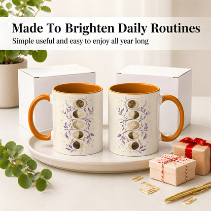#pl[11oz|Orange] Moon Phase Botanical Ceramic Mug, Purple Celestial Art for Moon Fans