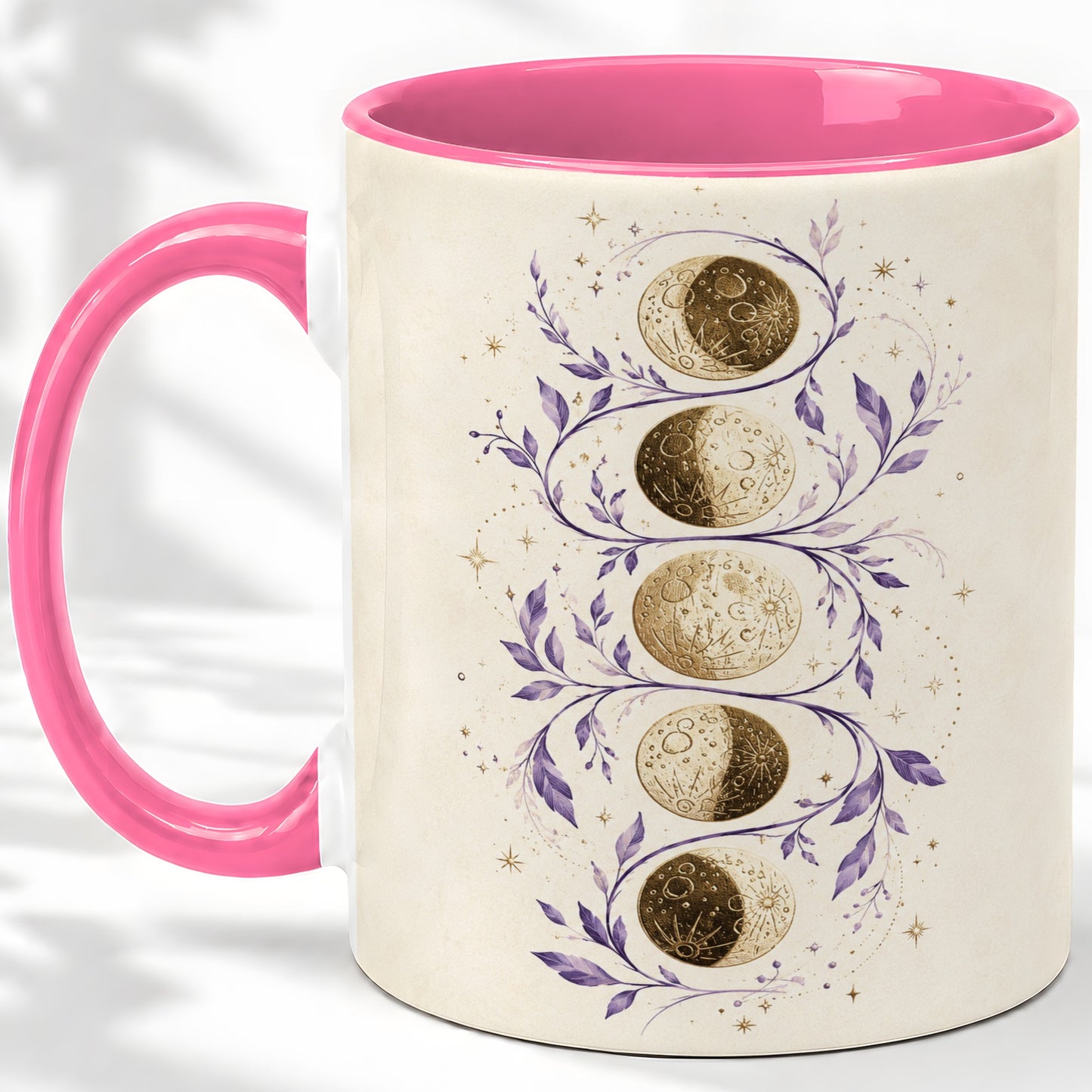 #pl[11oz|Pink] Moon Phase Botanical Ceramic Mug, Purple Celestial Art for Moon Fans