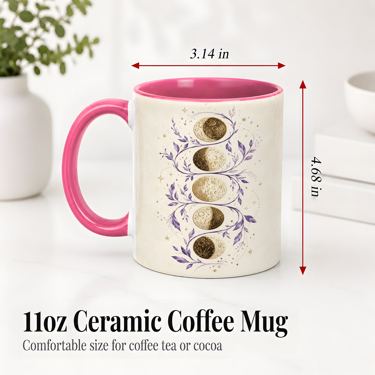 #pl[11oz|Pink] Moon Phase Botanical Ceramic Mug, Purple Celestial Art for Moon Fans