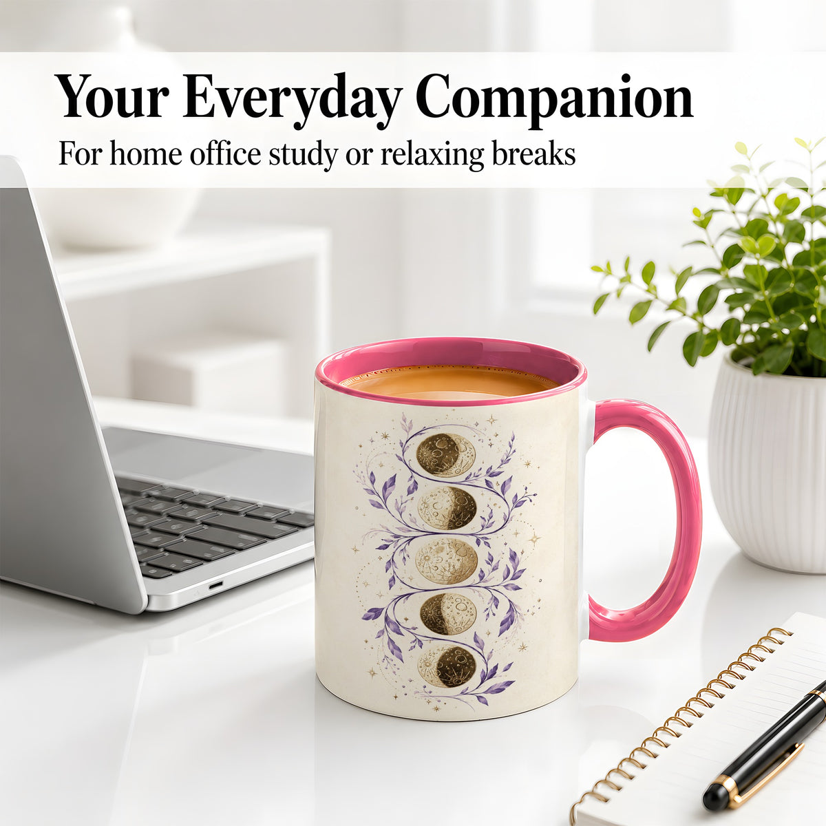 #pl[11oz|Pink] Moon Phase Botanical Ceramic Mug, Purple Celestial Art for Moon Fans