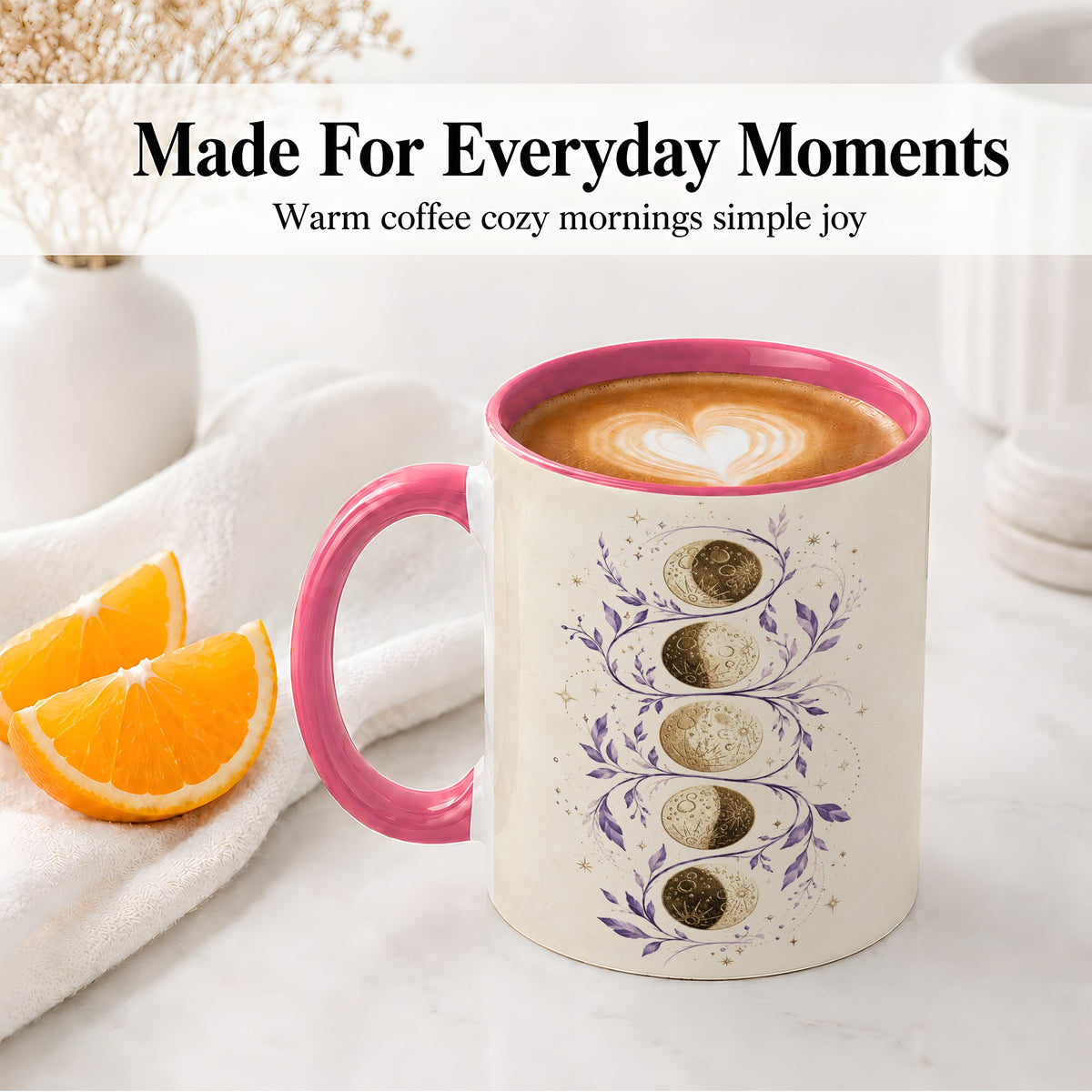 #pl[11oz|Pink] Moon Phase Botanical Ceramic Mug, Purple Celestial Art for Moon Fans