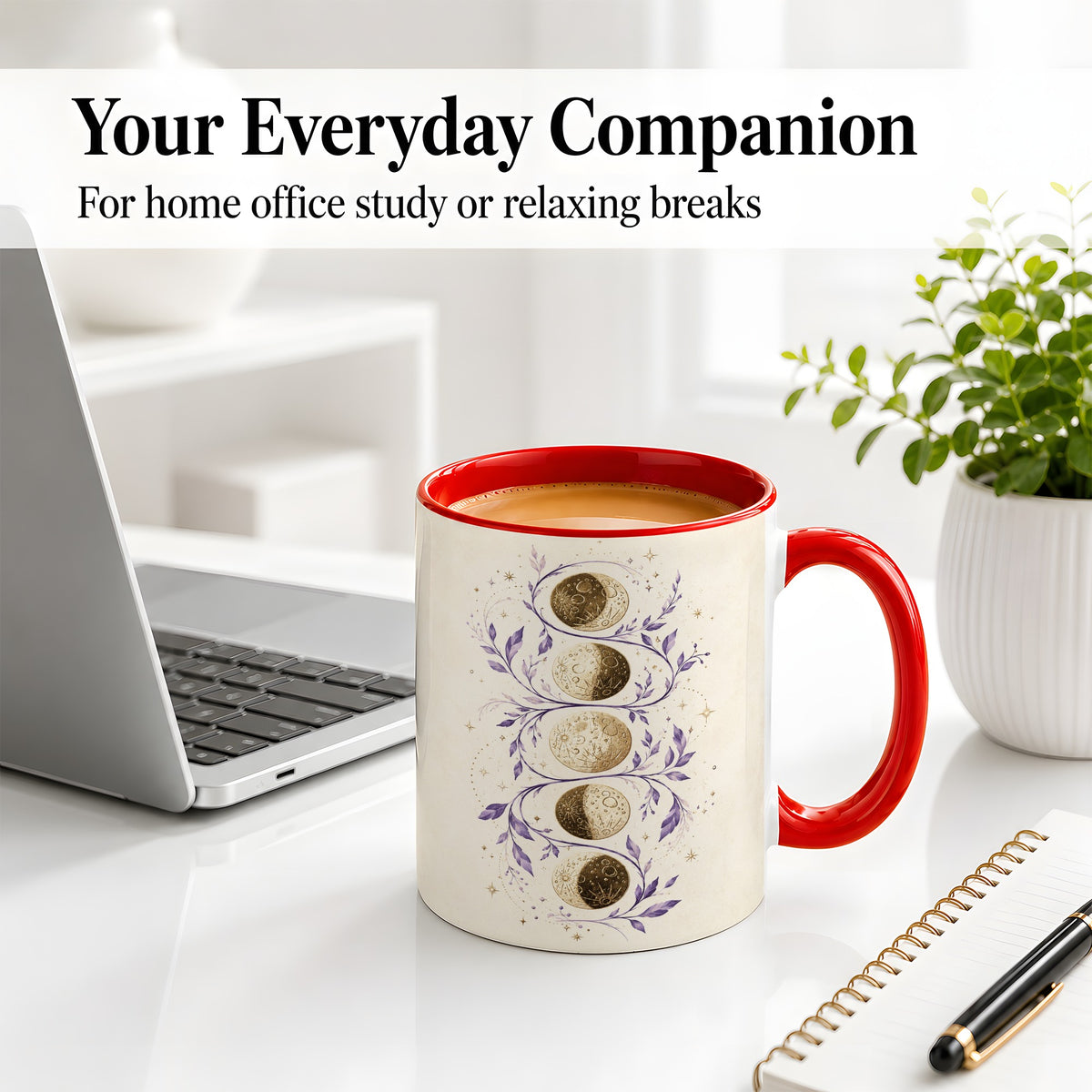 #pl[11oz|Red] Moon Phase Botanical Ceramic Mug, Purple Celestial Art for Moon Fans