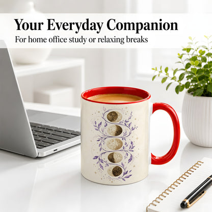 #pl[11oz|Red] Moon Phase Botanical Ceramic Mug, Purple Celestial Art for Moon Fans