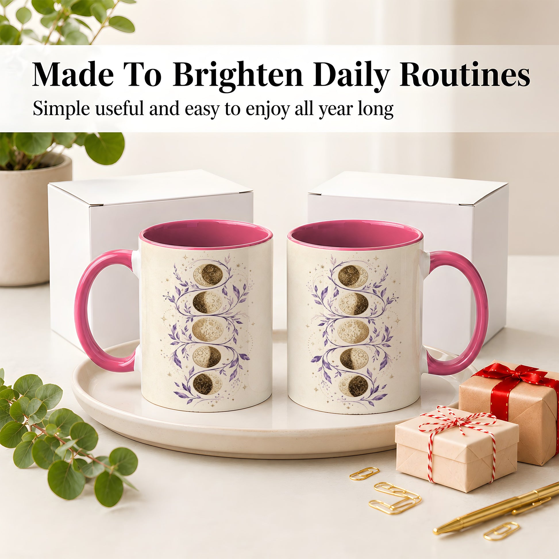 #pl[11oz|Pink] Moon Phase Botanical Ceramic Mug, Purple Celestial Art for Moon Fans