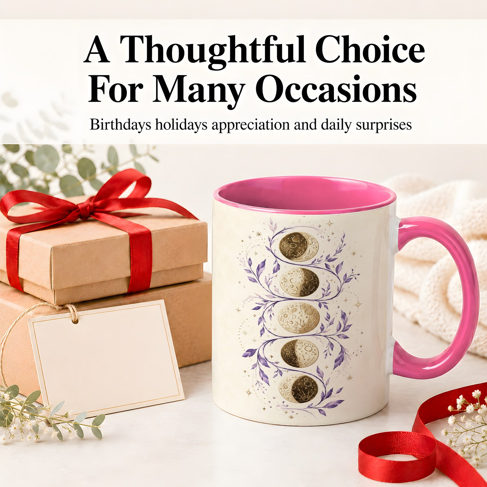 #pl[11oz|Pink] Moon Phase Botanical Ceramic Mug, Purple Celestial Art for Moon Fans