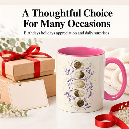 #pl[11oz|Pink] Moon Phase Botanical Ceramic Mug, Purple Celestial Art for Moon Fans