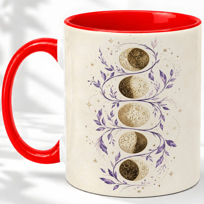 Moon Phase Botanical Ceramic Mug, Purple Celestial Art for Moon Fans