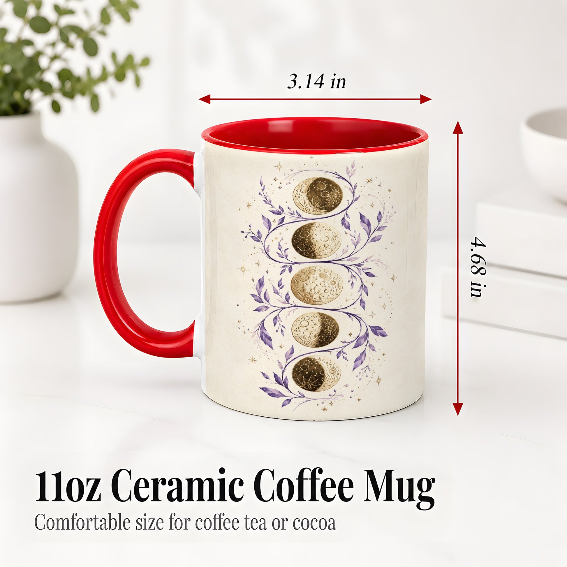 #pl[11oz|Red] Moon Phase Botanical Ceramic Mug, Purple Celestial Art for Moon Fans
