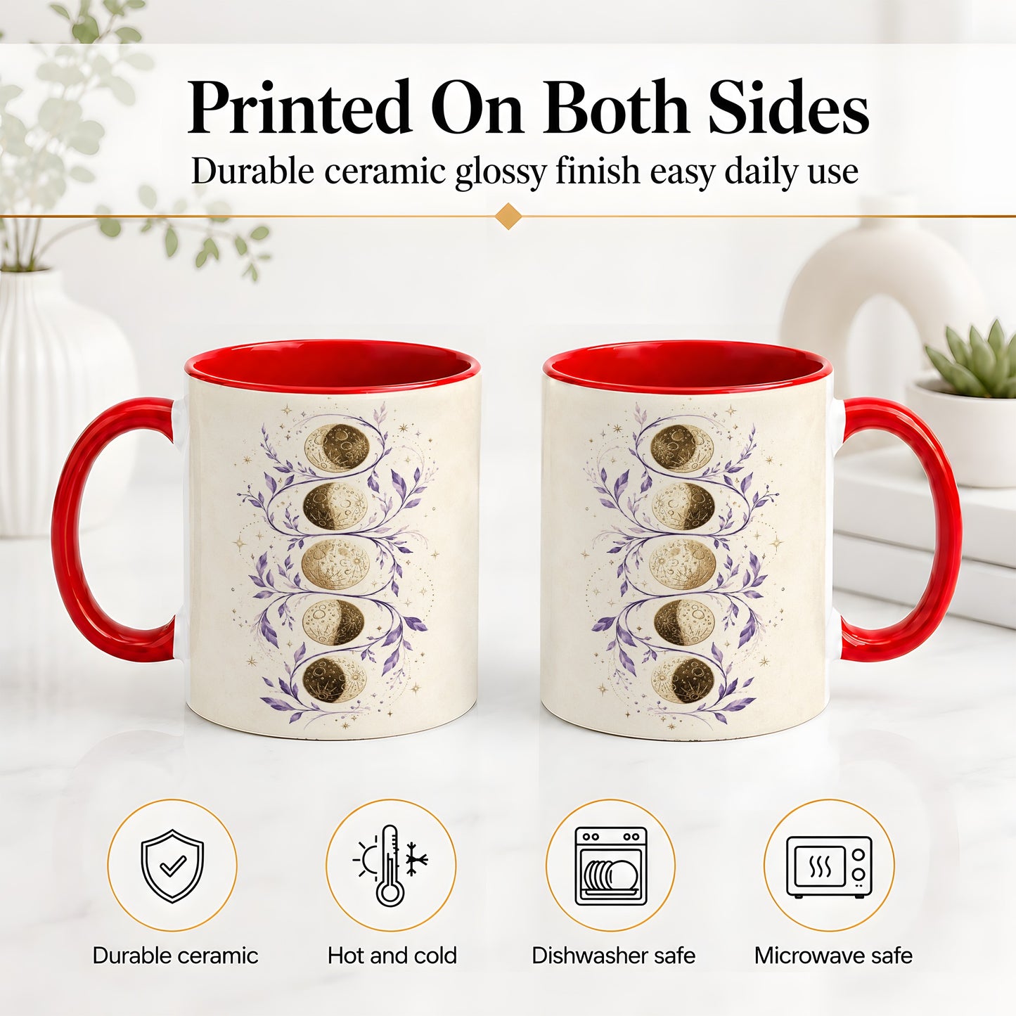 #pl[11oz|Red] Moon Phase Botanical Ceramic Mug, Purple Celestial Art for Moon Fans