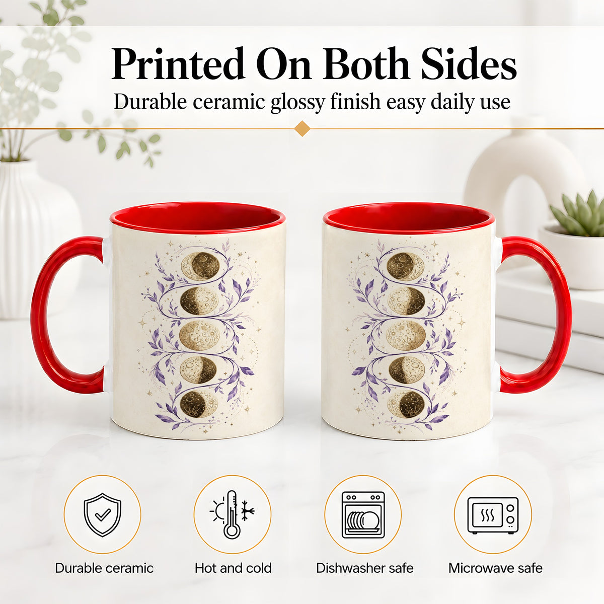 #pl[11oz|Red] Moon Phase Botanical Ceramic Mug, Purple Celestial Art for Moon Fans