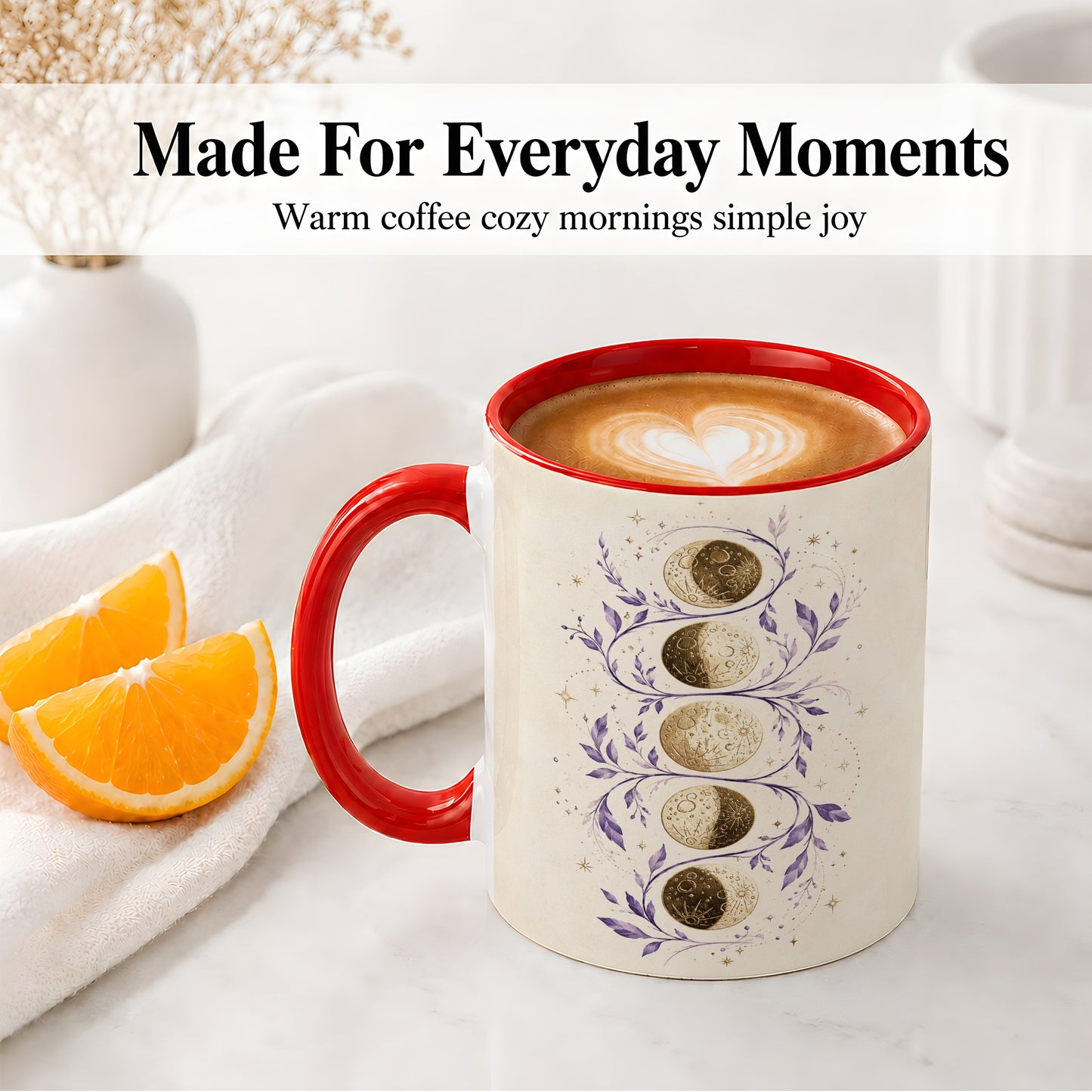 #pl[11oz|Red] Moon Phase Botanical Ceramic Mug, Purple Celestial Art for Moon Fans