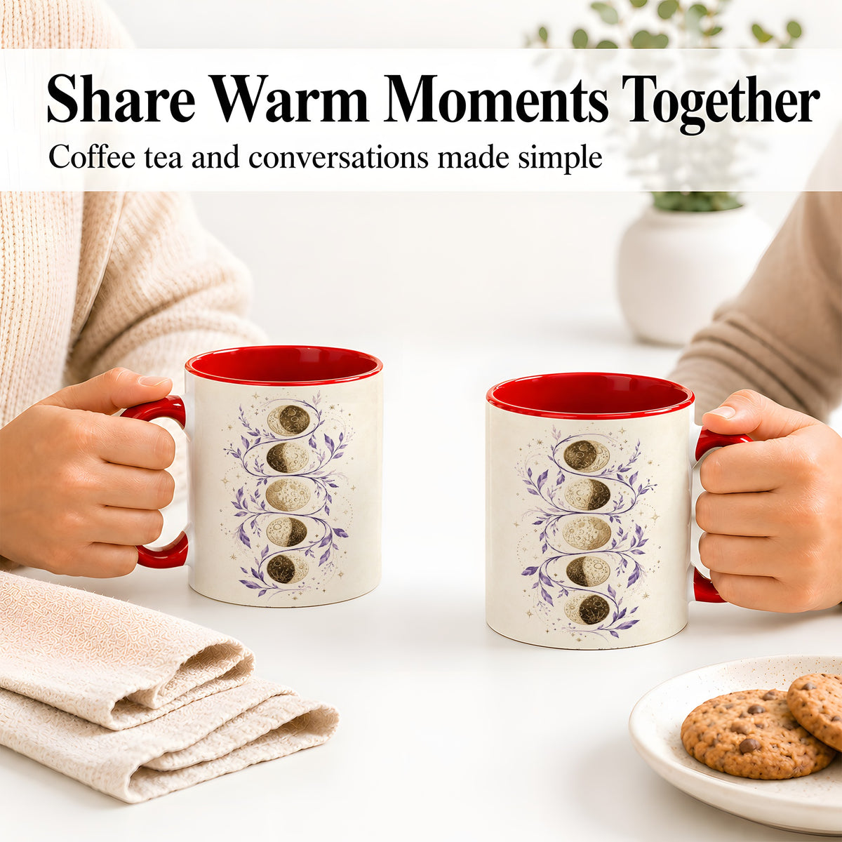 #pl[11oz|Red] Moon Phase Botanical Ceramic Mug, Purple Celestial Art for Moon Fans