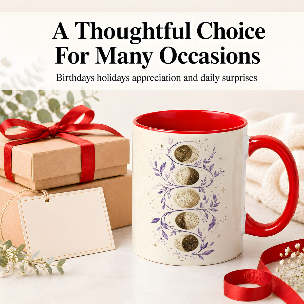 #pl[11oz|Red] Moon Phase Botanical Ceramic Mug, Purple Celestial Art for Moon Fans