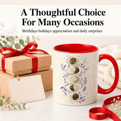 #pl[11oz|Red] Moon Phase Botanical Ceramic Mug, Purple Celestial Art for Moon Fans