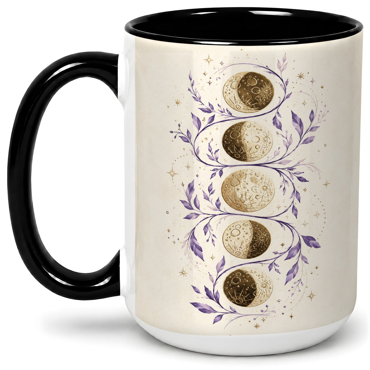 #pl[15oz|Black] Moon Phase Botanical Ceramic Mug, Purple Celestial Art for Moon Fans