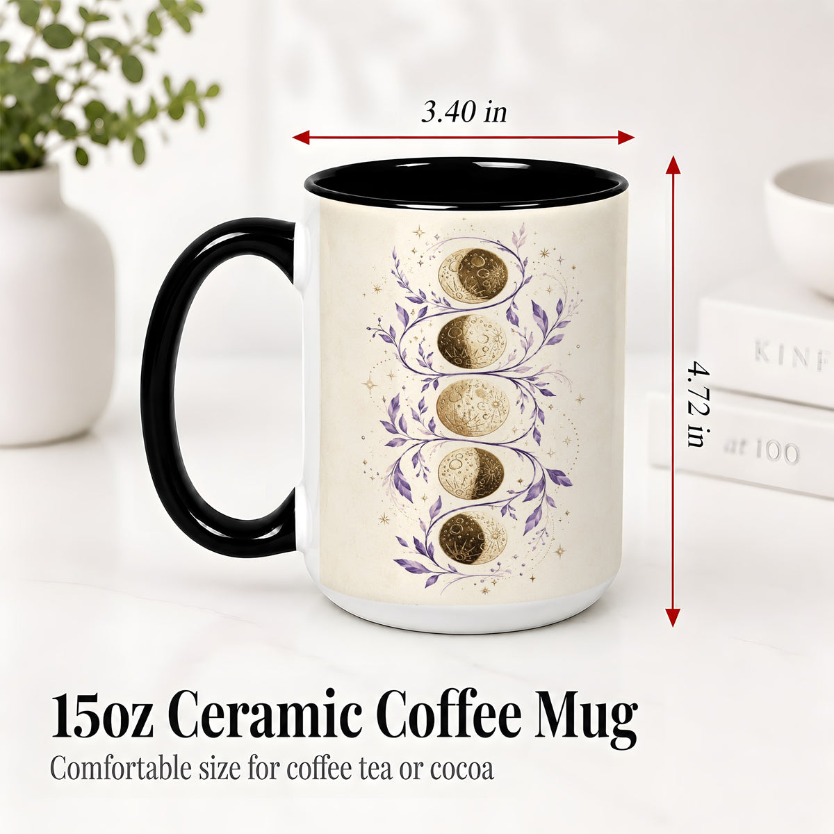 #pl[15oz|Black] Moon Phase Botanical Ceramic Mug, Purple Celestial Art for Moon Fans