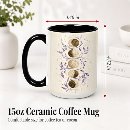 #pl[15oz|Black] Moon Phase Botanical Ceramic Mug, Purple Celestial Art for Moon Fans
