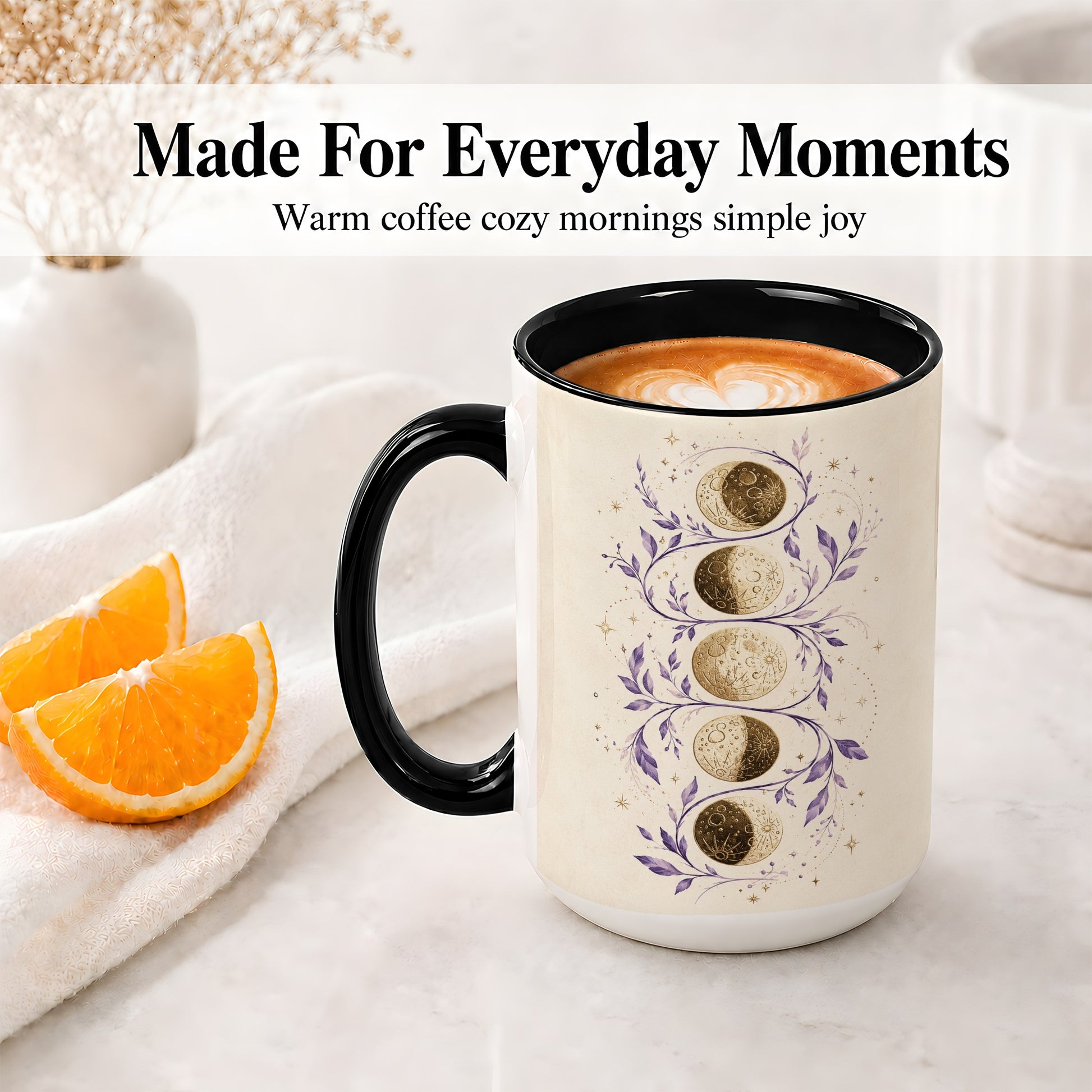 #pl[15oz|Black] Moon Phase Botanical Ceramic Mug, Purple Celestial Art for Moon Fans