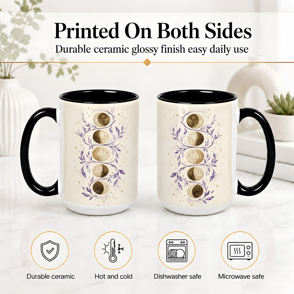 #pl[15oz|Black] Moon Phase Botanical Ceramic Mug, Purple Celestial Art for Moon Fans