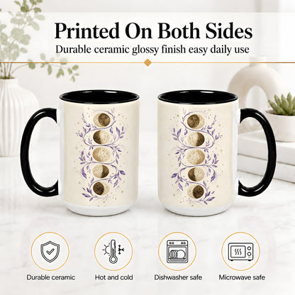 #pl[15oz|Black] Moon Phase Botanical Ceramic Mug, Purple Celestial Art for Moon Fans