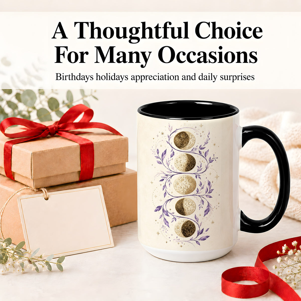 #pl[15oz|Black] Moon Phase Botanical Ceramic Mug, Purple Celestial Art for Moon Fans