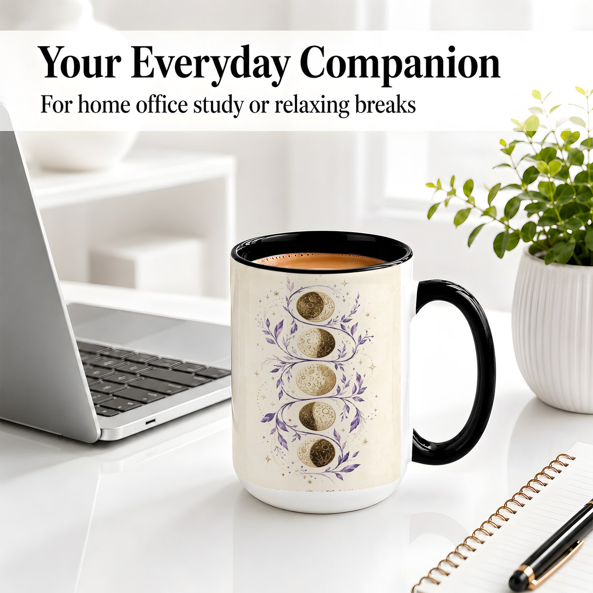 #pl[15oz|Black] Moon Phase Botanical Ceramic Mug, Purple Celestial Art for Moon Fans
