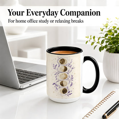 #pl[15oz|Black] Moon Phase Botanical Ceramic Mug, Purple Celestial Art for Moon Fans