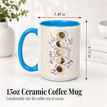 #pl[15oz|Blue] Moon Phase Botanical Ceramic Mug, Purple Celestial Art for Moon Fans