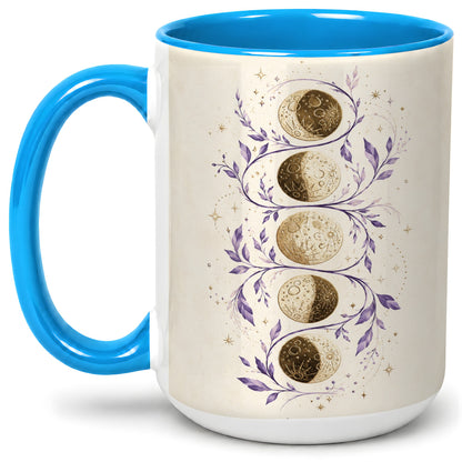 #pl[15oz|Blue] Moon Phase Botanical Ceramic Mug, Purple Celestial Art for Moon Fans