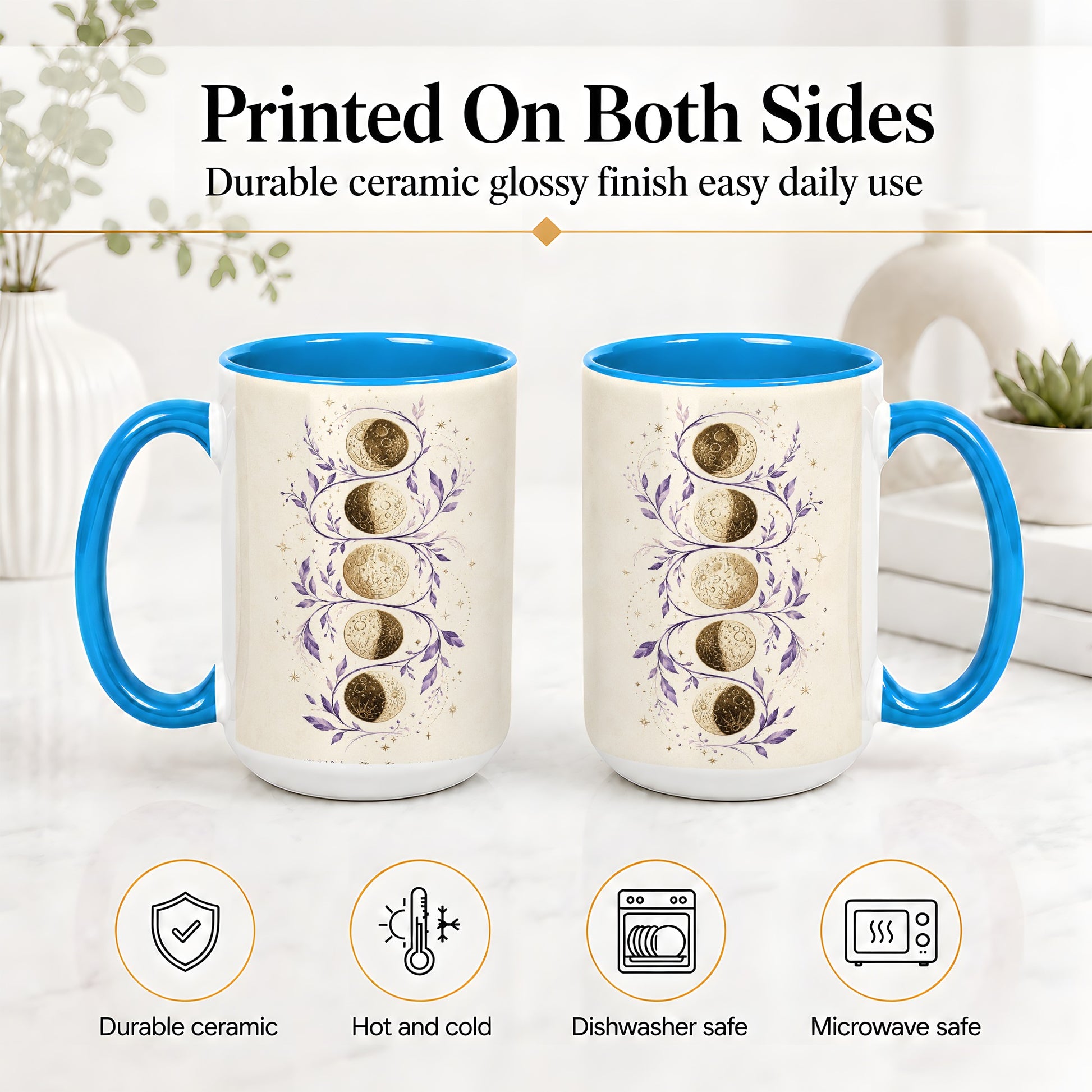 #pl[15oz|Blue] Moon Phase Botanical Ceramic Mug, Purple Celestial Art for Moon Fans