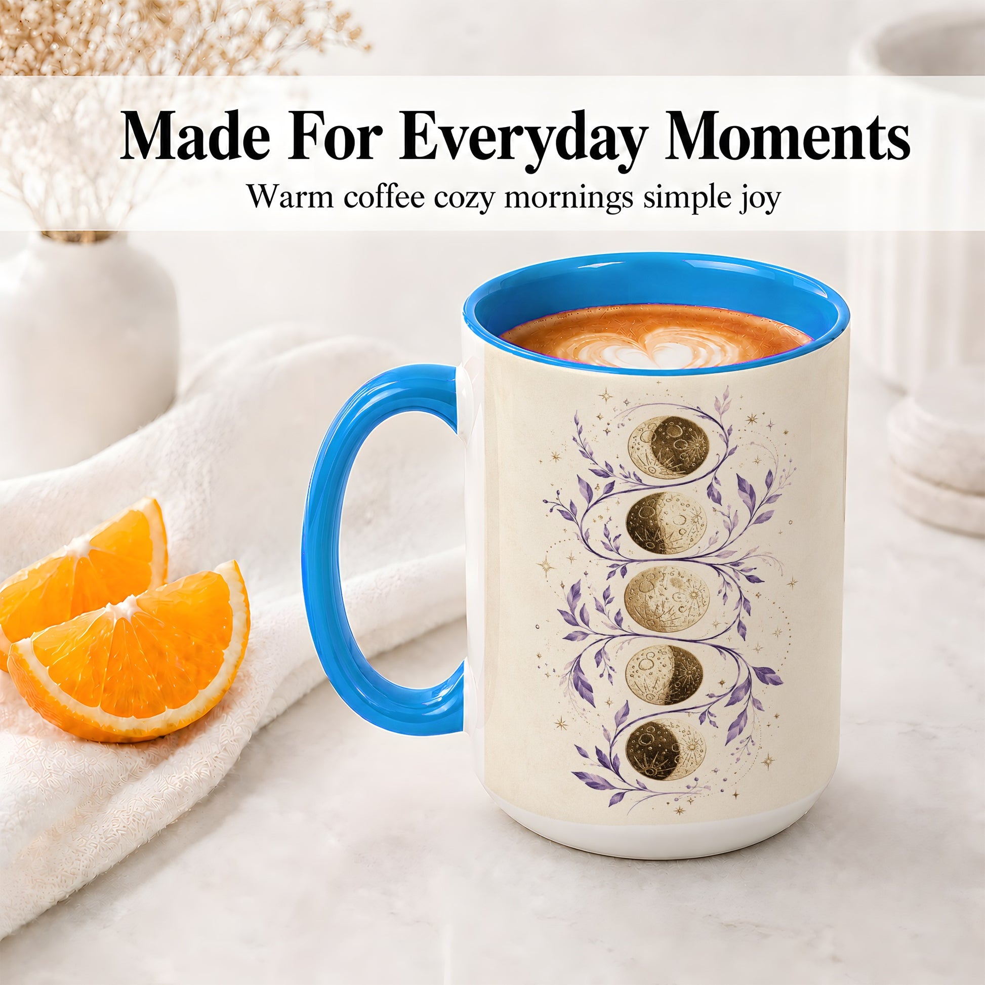 #pl[15oz|Blue] Moon Phase Botanical Ceramic Mug, Purple Celestial Art for Moon Fans
