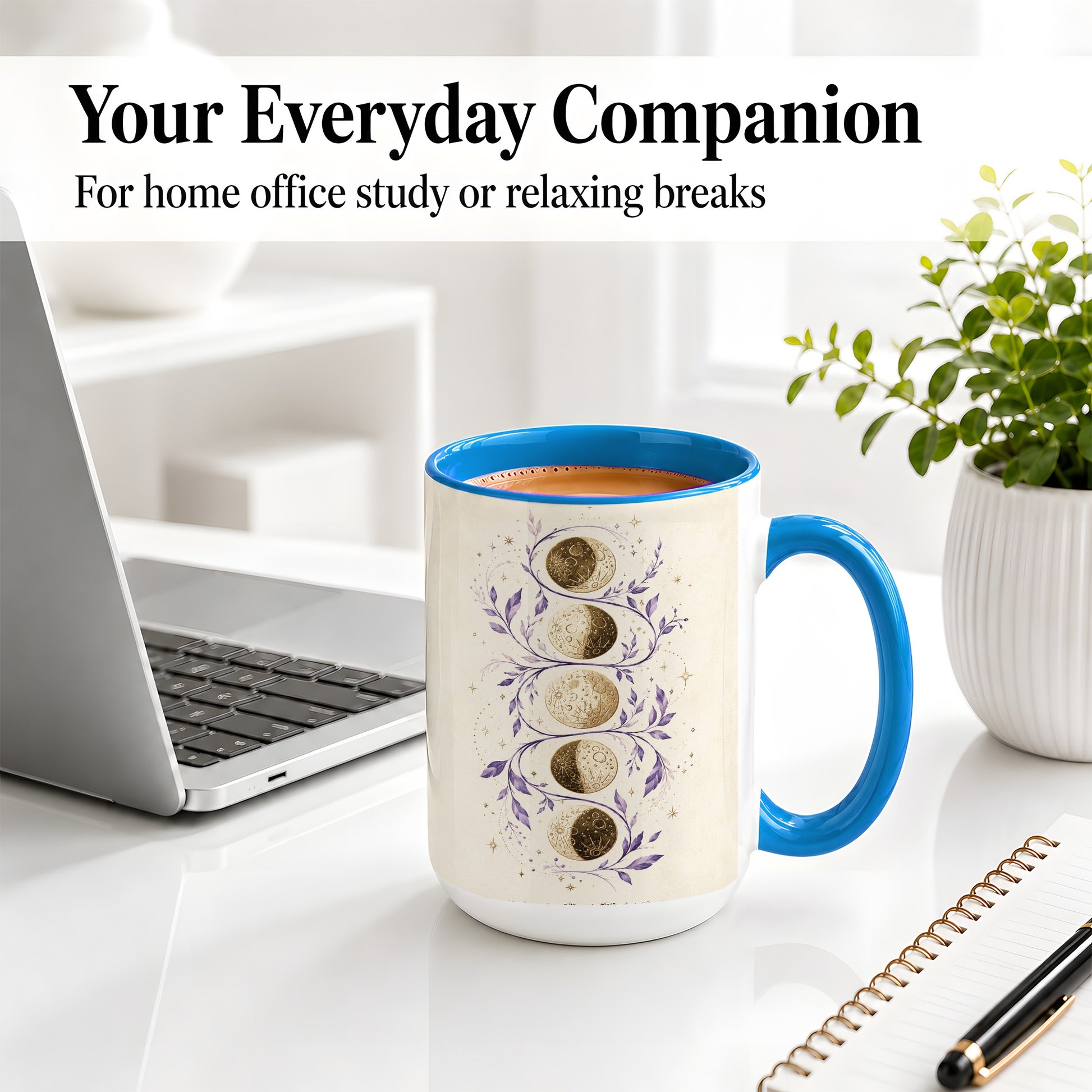 #pl[15oz|Blue] Moon Phase Botanical Ceramic Mug, Purple Celestial Art for Moon Fans